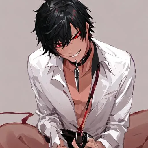 fond-ibex817: Black Haired anime boy with red eyes wearing a white dress  shirt with collar down and a black overcoat no tie