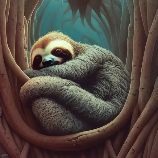Prompt: sleeping sloth  in style of zdzislaw beksinski