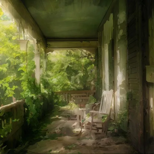 Prompt: highly detailed, wind chime hanging from porch of abandoned house with ivy climning up trees, art, concept art, 