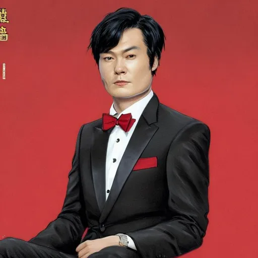Prompt: A Chinese man with shiny black hair, wearing a black suit and a red tie, the image of a businessman