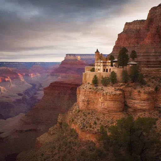 Prompt: an isolated castle built into the cliff face of the Grand Canyon. peaceful, natural lighting, bright, beautiful, fairy tale.