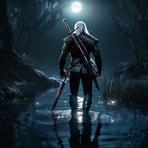 Prompt: Geralt of Rivia on his back, wielding his silver sword and the other sword kept on his back, in a black and dark swamp, with several pools of water reflecting the light of the full moon, High Quality, Poster, 4k, Ultra HD, Dynamic Lights, Ultradetailed.