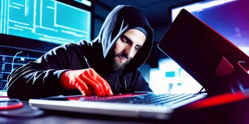 Prompt: A hacker hunched over a computer breaking in a network, background is abstraction of internet