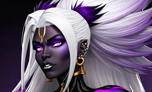 Prompt:  A towering, muscular Black woman with luscious white hair and piercing purple eyes 