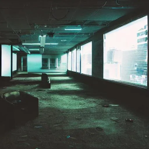 Prompt: cyberpunk Liminal space, the backrooms, office, abandoned, poor fluorescent lighting, security camera footage, low resolution ,kane pixels