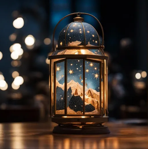 Prompt: 3d constellation map lantern with nativity scene inside, art by Karmen Loh, aesthetic, sparklecore, photorealism, Nikon Z9, tilt shift 