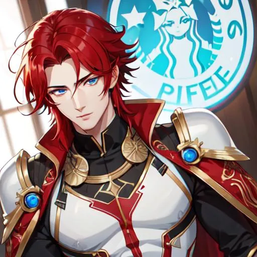 Prompt: Zerif 1male (Red side-swept hair covering his right eye, blue eyes), highly detailed face, in starbucks, adult. Handsome,  detailed, UHD, HD, 4K, highly detailed, red haze, masculine, anime style.