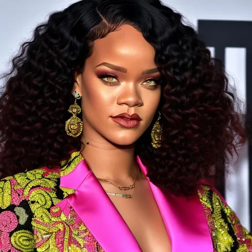 Prompt: High detailed Rihanna with long hair wearing high detailed pink Versace outfit 