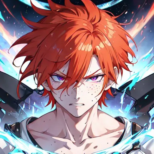 Prompt: Erikku male adult (short ginger hair, freckles, right eye blue left eye purple) UHD, 8K, Highly detailed, insane detail, best quality, high quality,  anime style, in purgatory, angry, fighting, covered in blood