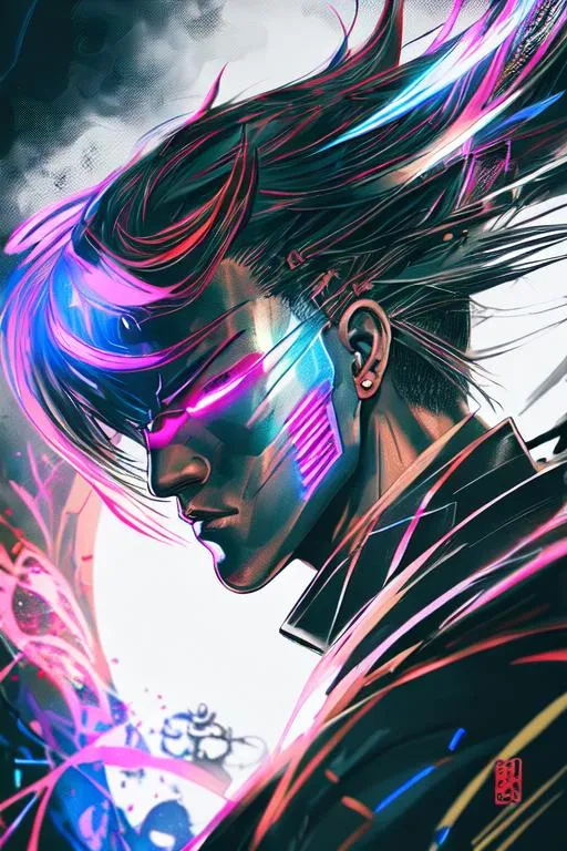 Prompt: colorful contrast ink painting,

1 male cyberpunk samurai, detailed face, dynamic pose,

hyperdetailed intricate medieval japan city,

hyperdetailed intricate ink japanese-character-shape floating in the air,

windy, cinematic lighting, neon light,

album cover art, 128K resolution, masterfully crafted, 

hyperdetailed 2D vector concept art picture, vector, illustration, character concept, 2D fantasy concept art style, heroic fantasy art,

Greg Rutkowski, Huang Guangjian, CGSociety, ZBrush Central, Victo Ngai,