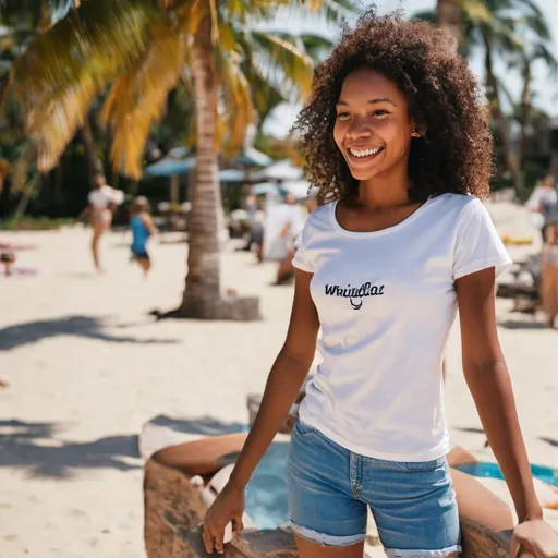 Prompt: A young woman, realistic, happy, full body,  look on camera ,on vacation ,wearing a white t-shirt