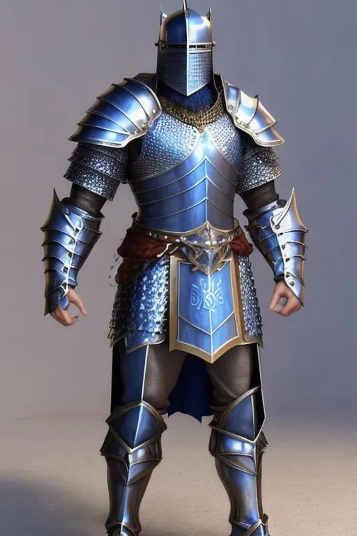 Prompt: male knight fantasy character, chain mail armor, handsome, strong musculature, short wavy hair and short trimmed beard, royal blue underclothing. 