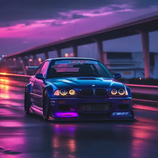 Prompt: 2001 BMW M3 E46 GTR, synthwave, aesthetic cyberpunk, miami, highway, dusk, neon lights, coastal highway, dusk, neon lights, coastal highway, sunset, drift, nurburgring