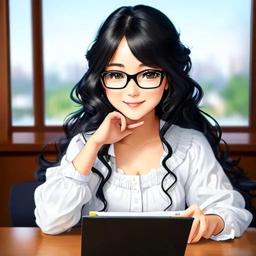 Prompt: a cute and young cartoon woman sitting at a desk, smiling, similar appearance with glasses and white and yellow dress, wavy and messy black hair, front view, The artist has used a hyper-realistic style, with exceptional detail and sharp focus on every aspect of the girl's appearance. vibrant, colorful tones, and the overall effect is breathtakingly beautiful, near window