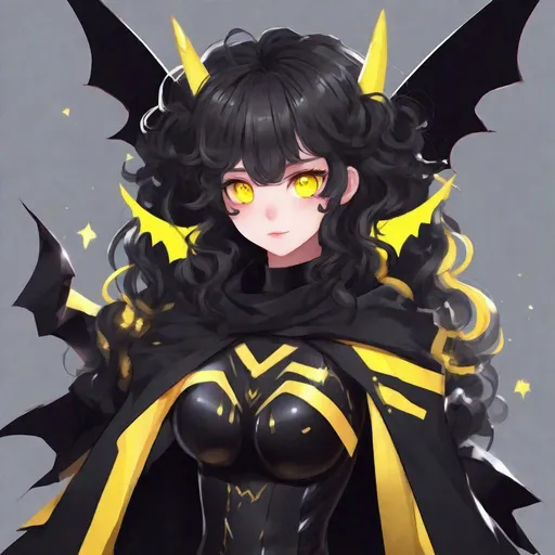 Prompt: Bit Sniper Magical Transformation Girl, Black costume, Curly hairstyle, glowing yellow eyes, bat-like black wings, black unicorn horn, masterpiece, best quality