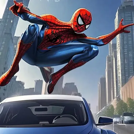 Prompt: spiderman driving a tesla, inside photo