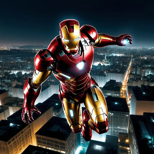 Prompt: Iron Man flying over a cityscape at night.