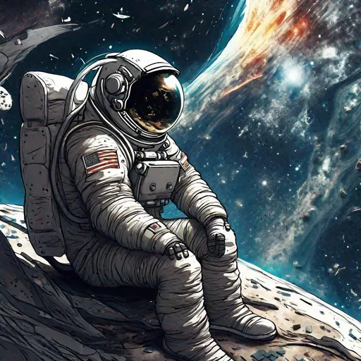 Prompt: An astronaut sitting in space watches the world break apart
