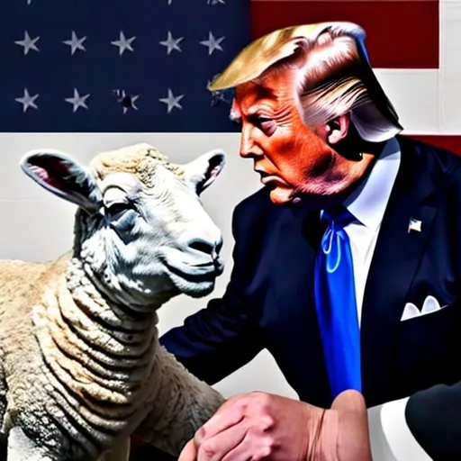 Prompt: Joe Biden cyborg hanging out with Trump while eating a lamb