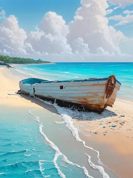 Prompt: overturned boat in the foreground, Beautiful beach background with tropical blue waters + beautiful golden brown sand + + calm ocean waves + puffy white clouds, intricate details, soft colors, digital painting