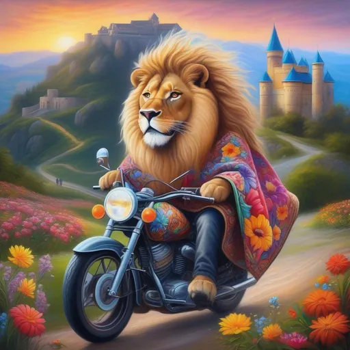 Prompt: High-resolution realistic painting of an old furry lion, (Beautiful {Sugarskull} and happy face), graying hair of flowers, wearing a psychedelic poncho with tropical flowers on it, riding a big trail motorcycle. with a medieval castle in the background,