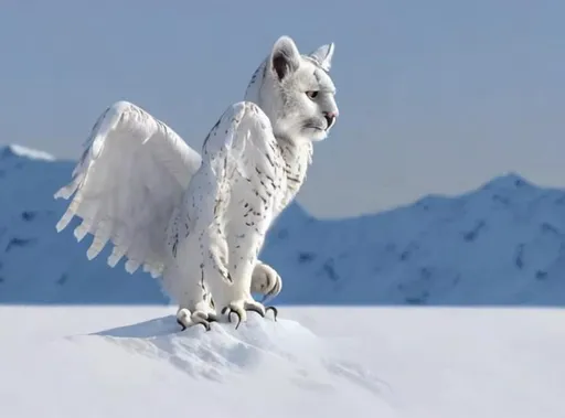Prompt: a photo of a white panther with  two wings the owl