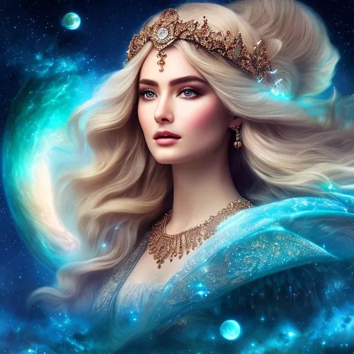 Prompt: create photograph of most beautiful fictional winter female goddess princes, extremely detailed face, space and planets an nebulae in sky highly detailed, extremely detailed environment, extremely detailed background, intricate, extremely detailed skin, natural colors , professionally color graded, photorealism, 8k, realistic, moody lighting, ambience lighting