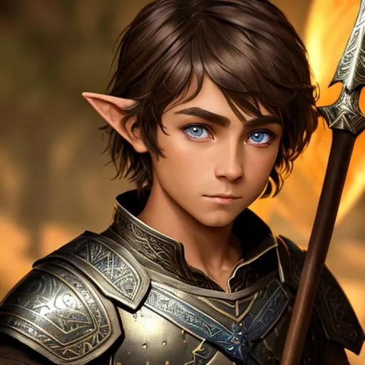 Prompt: oil painting, fantasy, hobbit boy, tanned-skinned-male, beautiful, short bright brown hair, straight hair, stoic, pointed ears, looking at the viewer, warrior wearing intricate armor and shield, #3238, UHD, hd , 8k eyes, detailed face, big anime dreamy eyes, 8k eyes, intricate details, insanely detailed, masterpiece, cinematic lighting, 8k, complementary colors, golden ratio, octane render, volumetric lighting, unreal 5, artwork, concept art, cover, top model, light on hair colorful glamourous hyperdetailed medieval city background, intricate hyperdetailed breathtaking colorful glamorous scenic view landscape, ultra-fine details, hyper-focused, deep colors, dramatic lighting, ambient lighting god rays, flowers, garden | by sakimi chan, artgerm, wlop, pixiv, tumblr, instagram, deviantart
