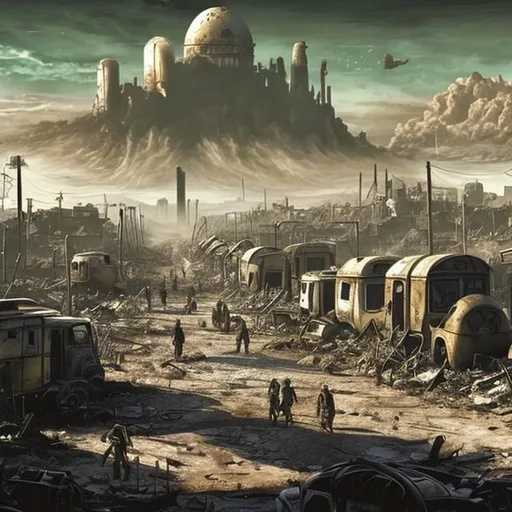 Prompt: Digital illustration of a post apocalyptic landscape with a column of a caravan going in to the distance with armed guards, caravaners, pack animals with a destroyed city in the background in the world of Fallout