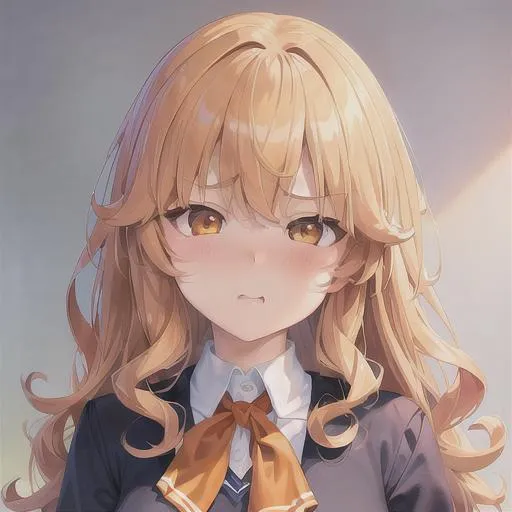 Prompt: (masterpiece, illustration, best quality:1.2), small girl, tsundere, cute, tsundere, frustrated tsundere expression, portrait, curly yellow hair, orange eyes, wearing school uniform, best quality face, best quality, best quality skin, best quality eyes, best quality lips, ultra-detailed eyes, ultra-detailed hair, ultra-detailed, illustration, colorful, soft glow, 1 girl, leading into a desk