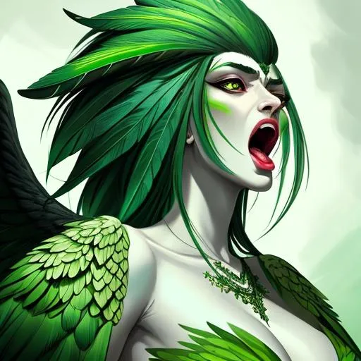 Prompt: Please produce a painted portrait of a harpy, intricate, evil, highly detailed, digital painting, art station, screaming, smooth, sharp focus, illustration, green skin, talons, wings