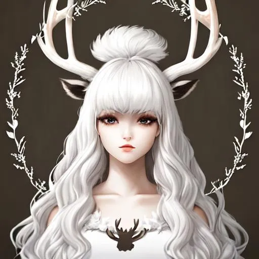 Prompt: a young woman in her teens, white  big hair with white eyelashes, white deer antlers and deer ears with dark skin