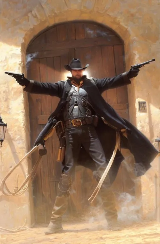 Prompt: Cyber Cowboy with 4 Arms, fiery red Poncho, Dressed in black duster and Stetson Cowboy Hat, with Red eyes, Haunting Presence, Intricately Detailed, Hyperdetailed, Desert Wild West Landscape, Dusty Midnight Lighting, Wild West Feel