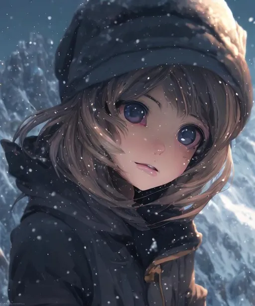 Prompt: anime girl standing on a mountain side in the snow, long shot scenic professional photograph of {mountain side}, perfect viewpoint, highly detailed, wide-angle lens, anime atmospheric, anime scenary, anime lanscape, anime painting, art of wlop, street background, clean detailed anime art, anime vfx, anime. Final fantasi art style, machine, clean detailed anime art, anime vfx, everything in sharp focus, HDR, UHD, 64K