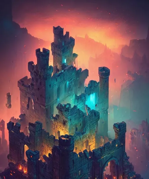 Prompt: a destroyed castle with debris floating in the air, night time, foreboding ruins, ancient ruins, Masterpiece,  photo quality,  cinematic light, ((depth of field)), fractal isometrics details bioluminescence, analogous colors, Luminous Studio graphics engine, trending on artstation Isometric Centered hyperrealist cover photo awesome full color, gritty, glowing shadows, high quality, high detail, high definition, dark fantasy