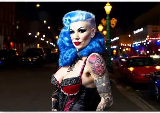 Prompt: Tatooed burlesque queen on the street with a hawk