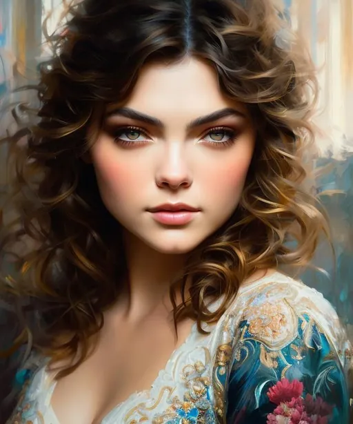 Prompt: Intricately detailed head and shoulders portrait of beautiful girl, Julia Voth Camren Bicondova, By David Kassan, By Ruan Jia, Cover art, maximalism, delicate, Romantic, Oil painting, Complimentary colors,