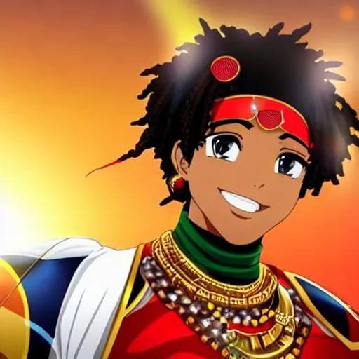 Prompt: full image anime with african features, thick flowing dreadlocks, African warrior king, portrait, high definition, black hair, black skin, smiling, red yellow green  african garb, African jewellery, black background, neutral colors, proportional face, athletic body, sun rays