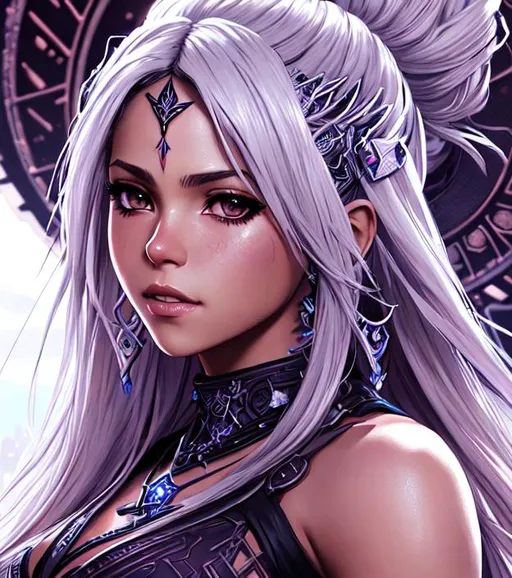 Prompt: Manga cover art. Shakira, wearing Dancer artifact gear from FFXIV, intricate cyberpunk tribal village, realistic face, emotional lighting, character illustration by Ilya Kuvshinov, ethereal, jewelry set balayage wild hair, royal vibe, highly detailed, digital painting, Trending on artstation , HD quality, Big eyes