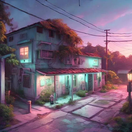 Prompt: futuristic, art gallery, night, old small white industrial building, tiny neighborhood, chillwave, tropical island, ultra detailed, cinematic lighting, photorealistic, realistic details, wide view