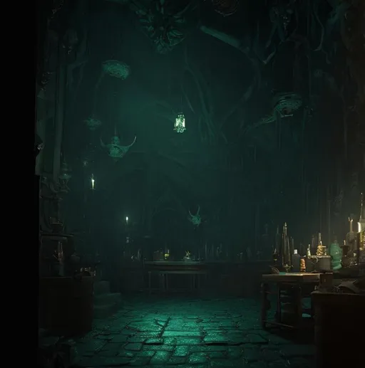 Prompt: a dark fantasy eldritch alchemist's lab in dungeon, Slytherin, octane render, style of “Makoto Shinkai”