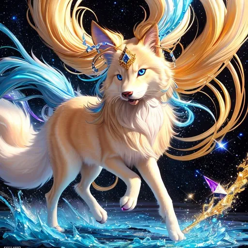 Prompt: (16k, 3D, ultra high definition, full body focus, very detailed, masterpiece, professional oil painting, ultra detailed background, best quality), insanely beautiful medium-sized female ((quadruped)) with wind powers, golden-white fur and golden hairs, vivid crystal-blue eyes, long blue diamond ears with royal blue and magenta interior, (sapphire sparkling rain), cute fangs, majestic like a wolf, playful like a fox, energetic like a deer, calm and inviting smile, ears of blue point siamese cat,  golden retriever face, fur speckled with sapphire crystals, fluffy mane, insanely detailed fur, insanely detailed eyes, insanely detailed face, standing in fantasy garden, atmosphere filled with (sparkling rain) and (flower petals), pink and cyan flowers, cherry blossoms, mountains, auroras, pink twilight sky, Sylveon, Yuino Chiri