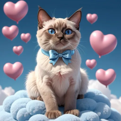 Prompt: Realistic 3D illustration of a very cute Siamese cat sitting on a fluffy blue cloud, with blue bow, surrounded by silver and  pink plastic hearts in the sky, detailed fur with soft reflections, adorable and fuzzy, 3D rendering, fluffy cloud, plastic hearts, sky, Siamese cat, cute, realistic, detailed fur, romantic, bubble, high quality, 3d, cute cat, red and rose, atmospheric lighting