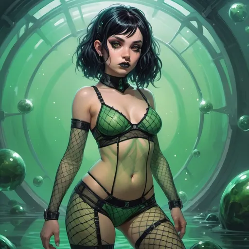 Prompt: Sci-fi starfinder space faring brooding goth halfling girl with black hair in rippled green fishnets and transparent undies