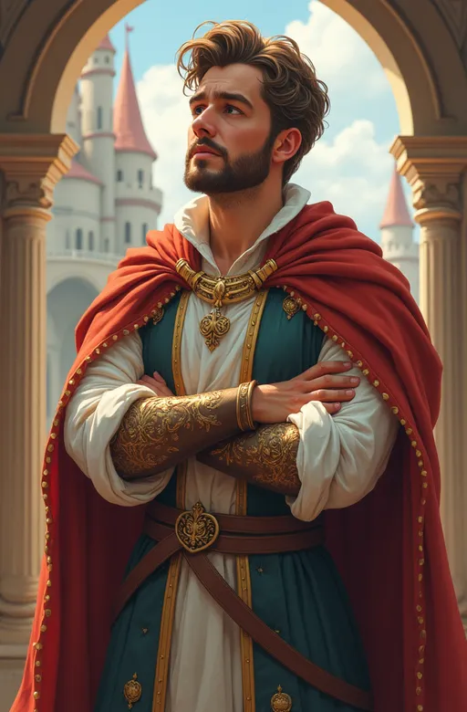 Prompt: Illustration (medieval noble man), fantasy style, (unhappy confused expression), pastel color scheme, delicate details, elegant attire with intricate textures, soft lighting creating a dreamy ambiance, ornate background featuring castle elements, mystical atmosphere, high quality, ultra-detailed, enchanting scene capturing emotional depth and elegance, vivid yet calming overall tone.