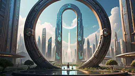 Prompt: magical portal between cities realms worlds kingdoms, circular portal, ring standing on edge, upright ring, freestanding ring, hieroglyphs on ring, complete ring, obelisks, gardens, hotels, office buildings, shopping malls, futuristic towers, large wide-open city plaza, panoramic view, futuristic cyberpunk dystopian setting