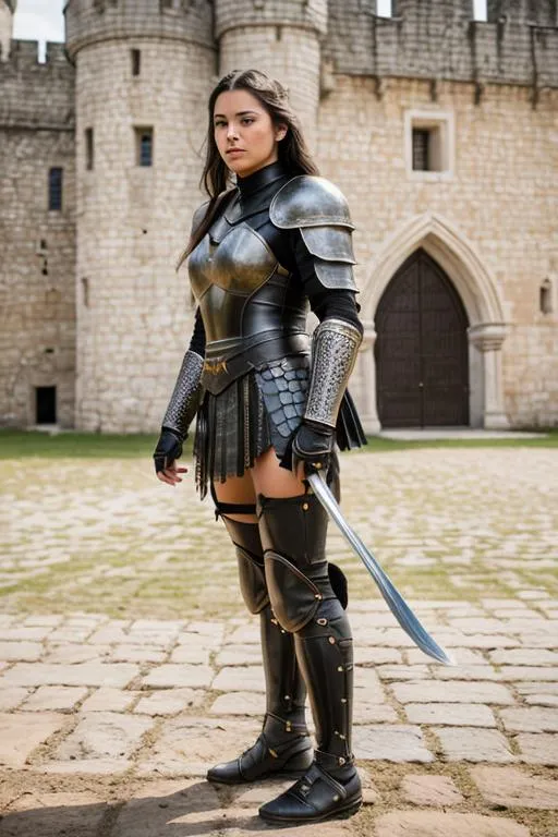 Prompt: incredibly beautiful young female warrior, black armor, ultra detailed, 8k high quality, late afternoon light, medieval castle in background