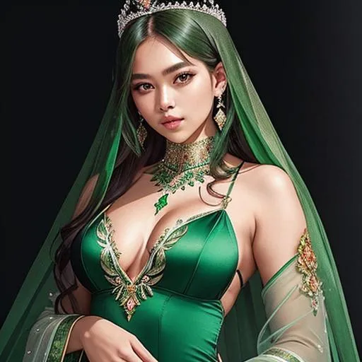 Prompt: beautiful and elegant Emerald Goddess (Lalisa Manobal) with Emerald hair and with cute face, show full body, heavily jeweled face and crown, plunging neckline,  transparent background, perfect composition, hyperrealistic, super detailed, 8k, high quality, trending art, trending on artstation, sharp focus, studio photo, intricate details, highly detailed, by greg rutkowski and BD Zhandt