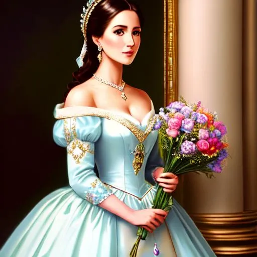 Prompt: a 30 year old woman wearing royal costume and holding flowers, soft pastel color, detailed, 8k