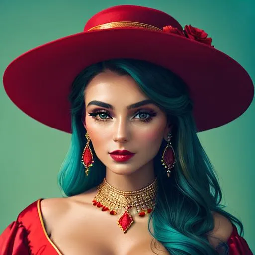 Prompt: Beautiful ethereal woman. color scheme of tuquoise and red., wearing turquoise and gold jewlery, wearing a red hatwith red flowers, facial closeup